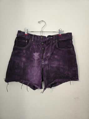Oboush Women's High-Waist Button Fly Distressed Purple Tie-Dye Denim Shorts